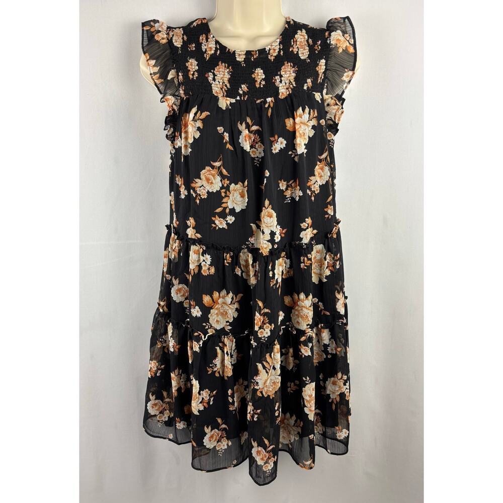 Trixxi Floral Smocked Mini Dress | XS | Black Cottagecore Ruffle Hem